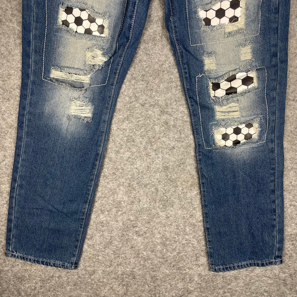 Wear Jeans Women’s L Distressed Honeycomb Patchwork Grunge Soccer Denim Jeans - Picture 4 of 9